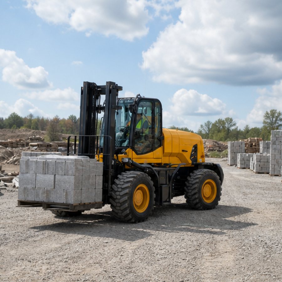Rough Terrain Forklift Case: Moving Block Pallets Across a Wet Construction Yard scene 1