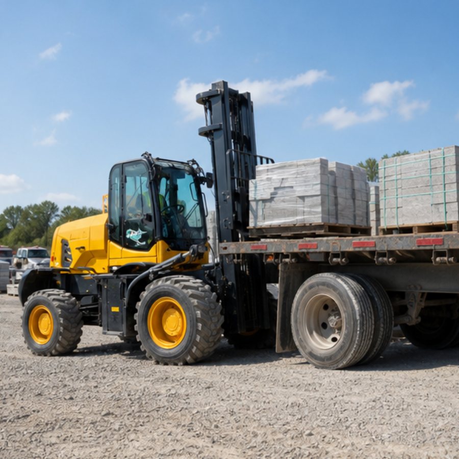 Rough Terrain Forklift Case: Moving Block Pallets Across a Wet Construction Yard scene 2