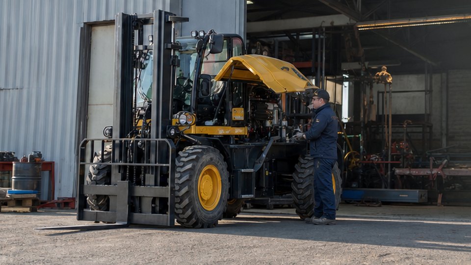 Rough Terrain Forklift Case: Farm Yard Pallet Loading with Outdoor Travel scene detail 3