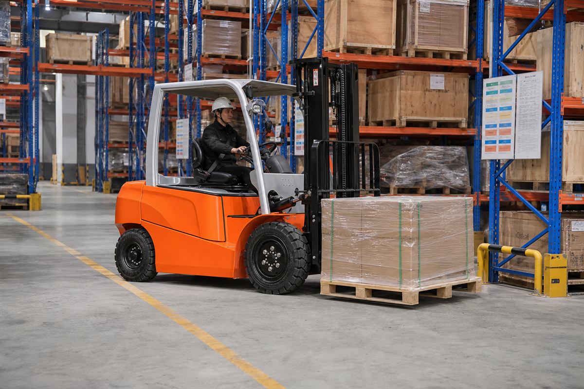 B40 lithium forklift carrying a pallet in a warehouse