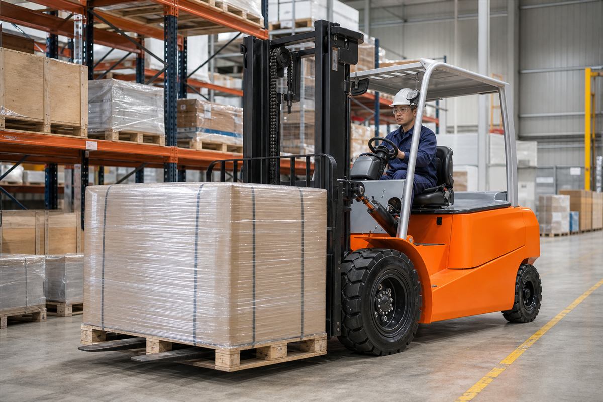 B50 lithium forklift carrying a pallet in a warehouse