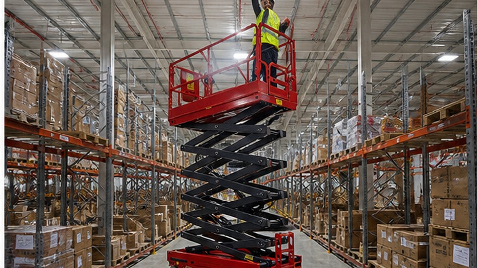 Scissor Lift Case: Choosing Platform Capacity and Floor Loading for a Busy Warehouse - electric scissor lift scene 1