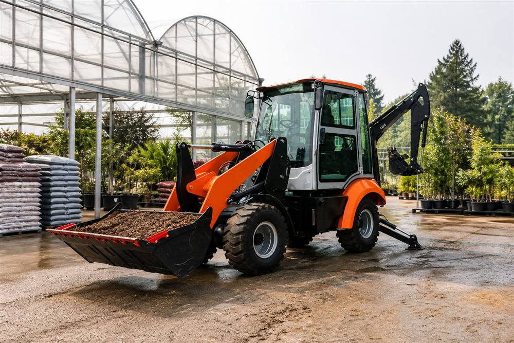 WZ25E electric backhoe loader moving material in a greenhouse nursery