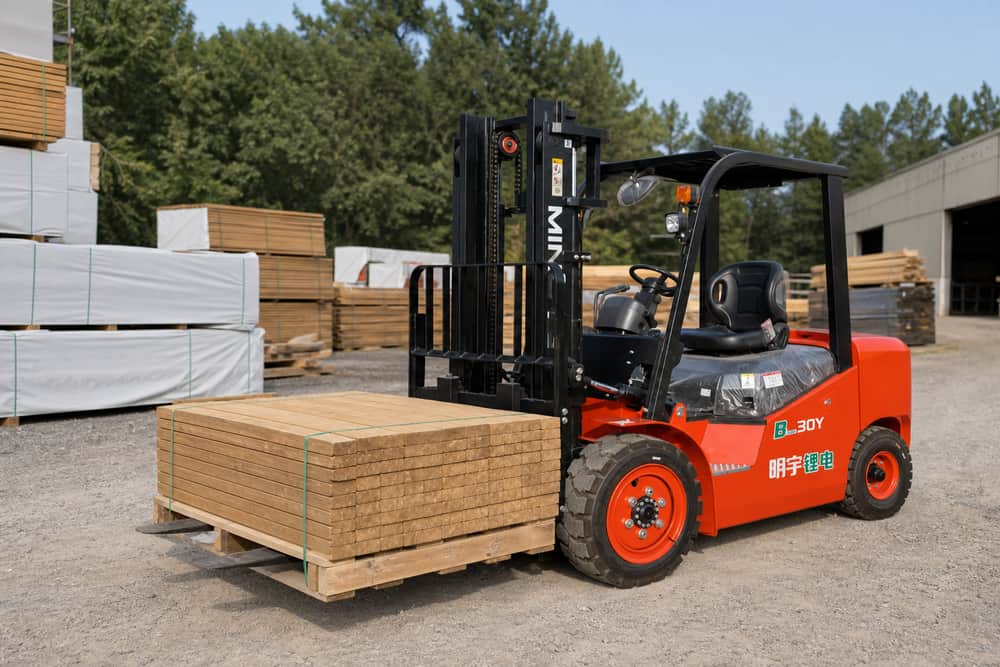 B30Y-B35Y lithium forklift moving secured timber in a distribution yard