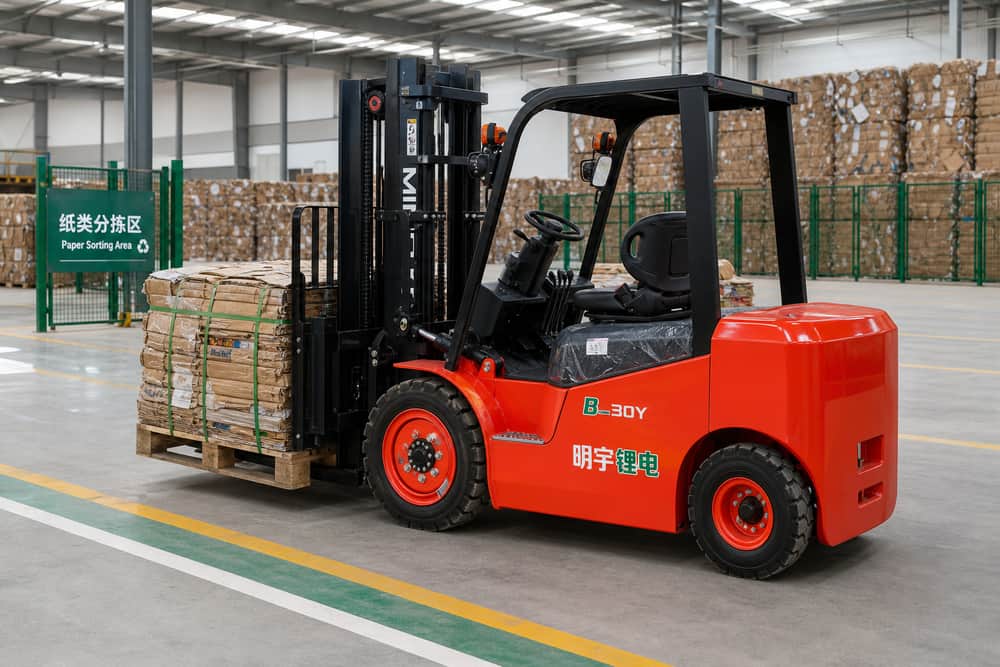 B30Y-B35Y lithium forklift handling a cardboard bale in a recycling hall