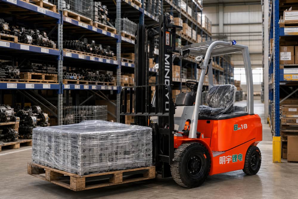 CPD18-B lithium forklift moving parts in a narrow warehouse aisle