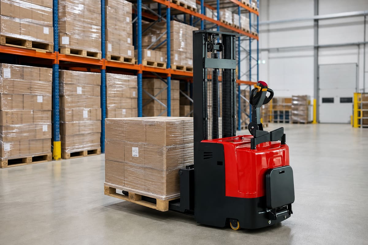 CDDD standing electric stacker handling a pallet in warehouse racks