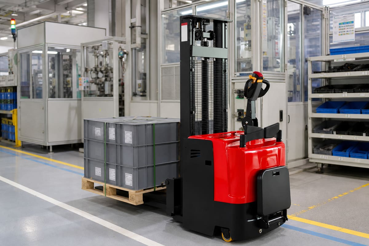 CDDD standing electric stacker supplying a manufacturing line
