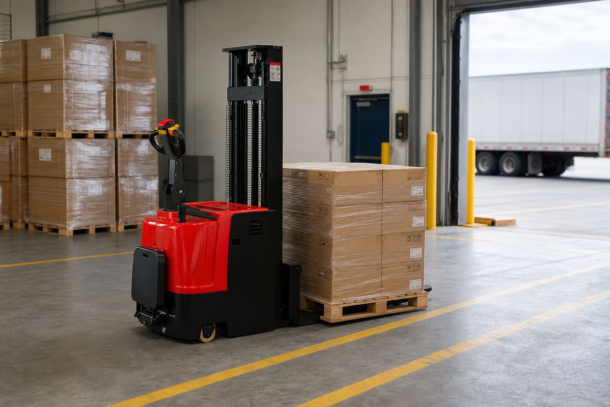 CDDD standing electric stacker moving cartons through a cross-dock