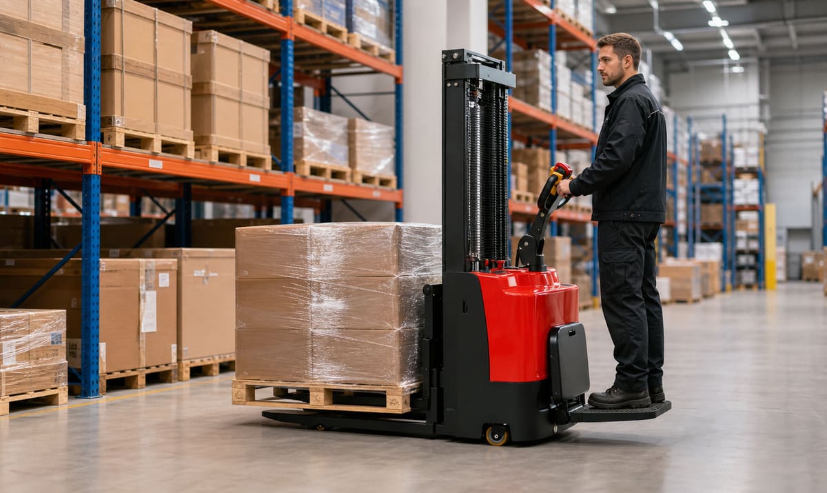 CDDG standing electric stacker handling a pallet in warehouse racks