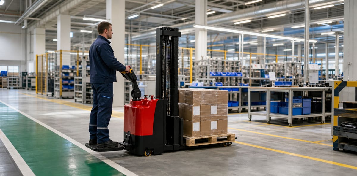 CDDG standing electric stacker supplying a manufacturing line