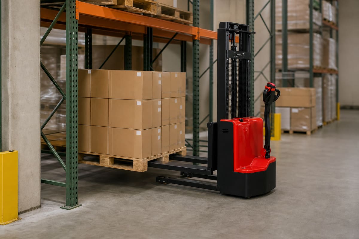 CDDA walkie electric stacker handling a pallet in warehouse racks