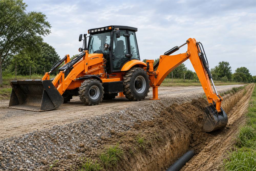 388 backhoe loader digging a drainage trench