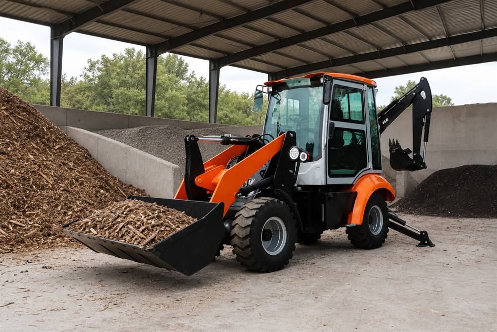 WZ25E electric backhoe loader handling material in a covered yard
