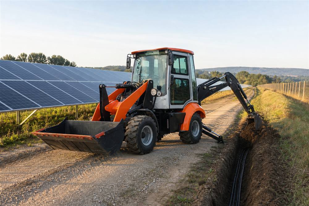 WZ25E electric backhoe loader maintaining a solar farm trench