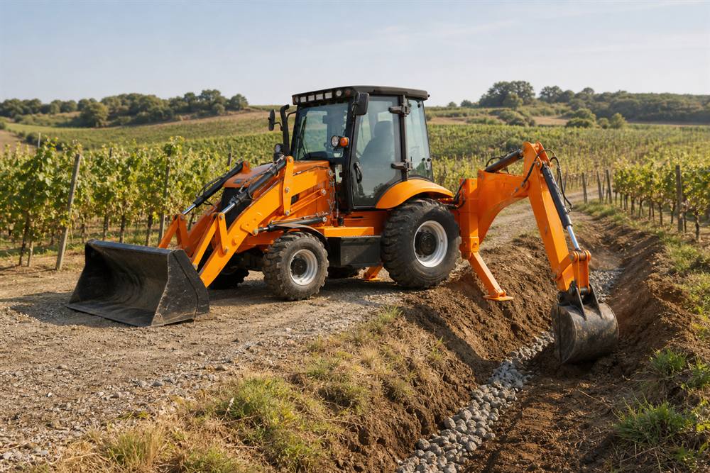388 backhoe loader rehabilitating vineyard drainage