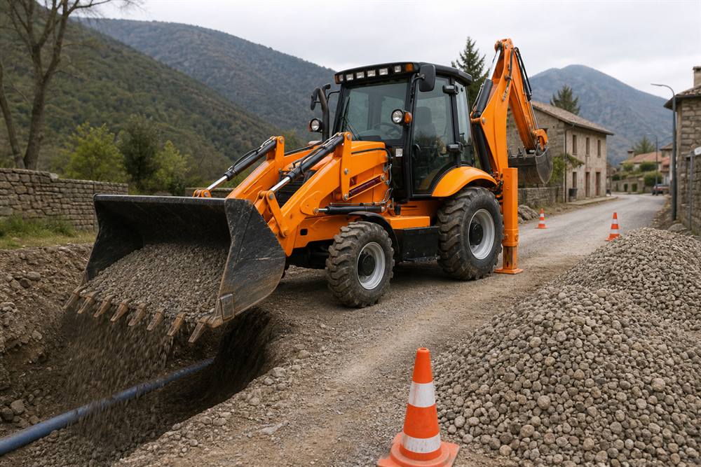 388 backhoe loader backfilling a rural water line