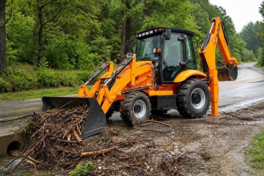 388 backhoe loader clearing storm debris from a culvert