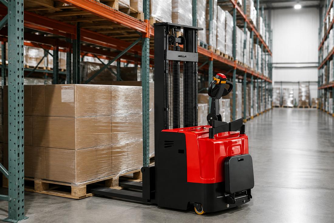 CDDD standing electric stacker handling a pallet in warehouse racks