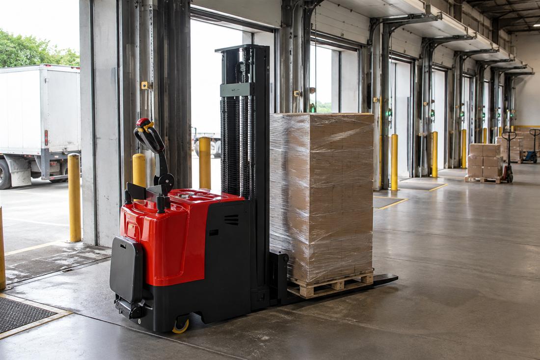 CDDD standing electric stacker supplying a manufacturing line