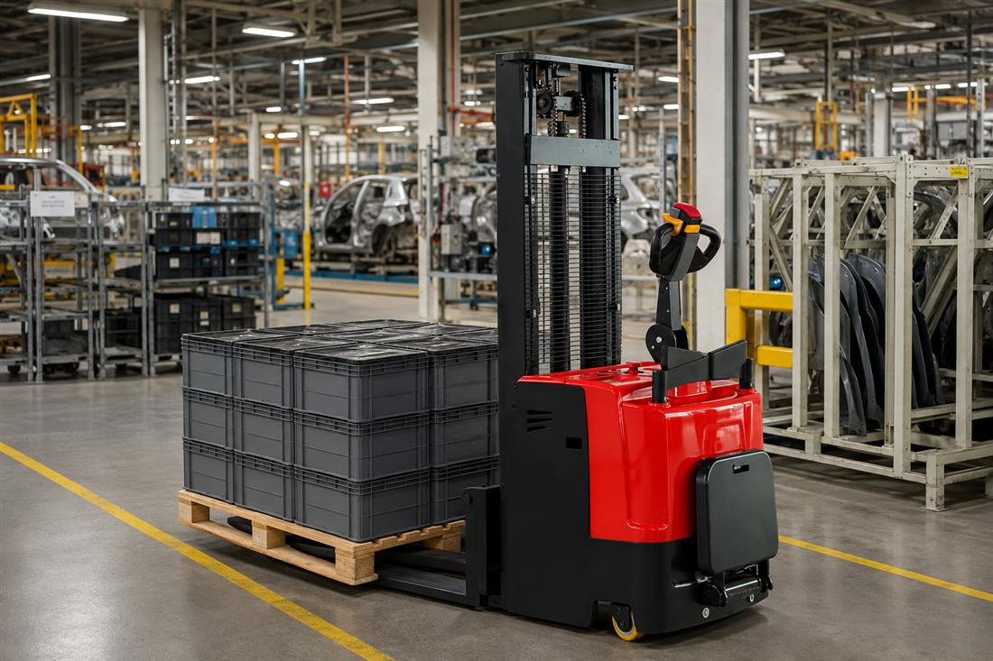 CDDD standing electric stacker moving cartons through a cross-dock
