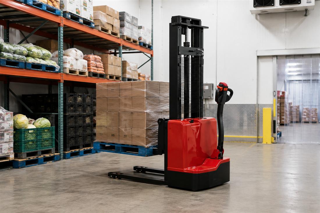 CDDA walkie electric stacker handling a pallet in warehouse racks