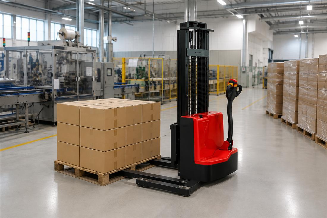 CDDA walkie electric stacker moving cartons through a cross-dock