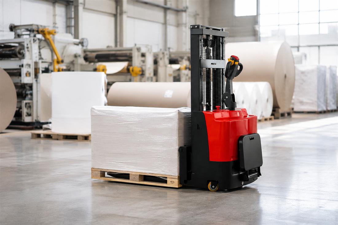 CDDG standing electric stacker handling a pallet in warehouse racks
