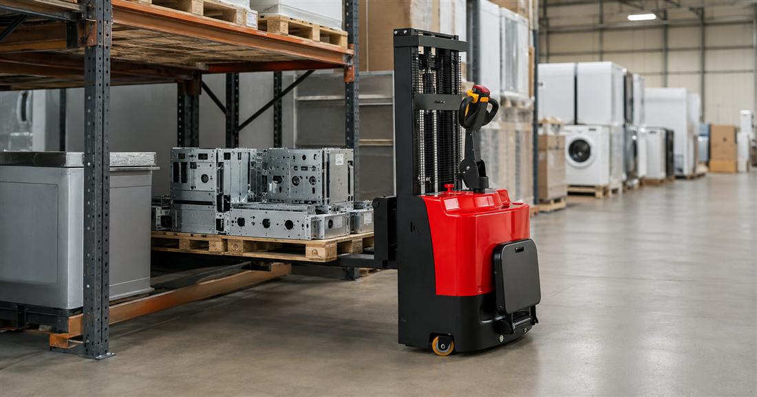 CDDG standing electric stacker supplying a manufacturing line