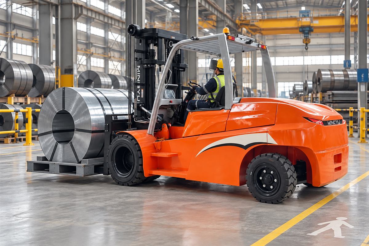 B100 10 ton lithium electric forklift moving a steel coil
