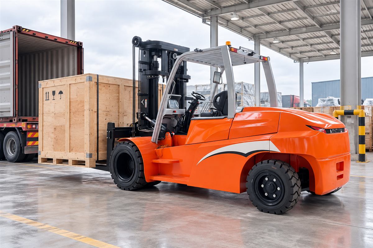 B100 electric forklift loading an export machinery crate