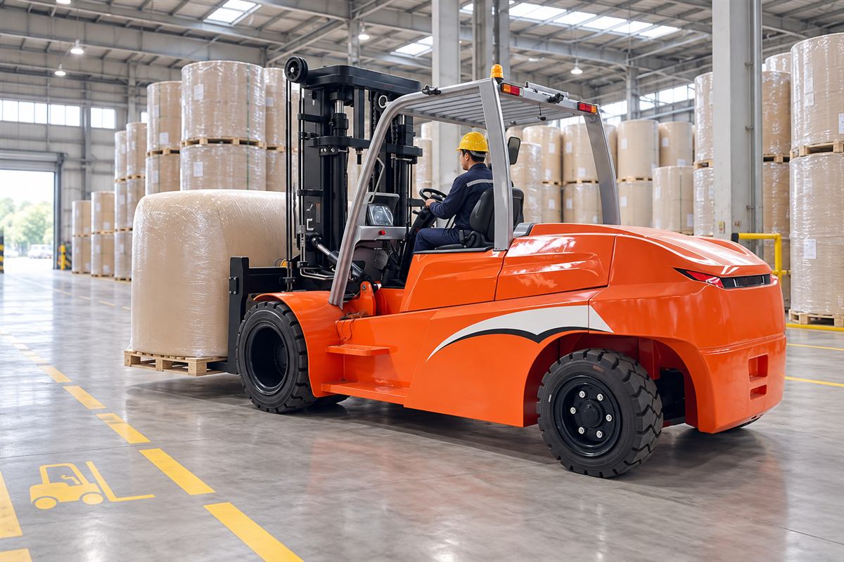 B100 lithium forklift handling a paper roll