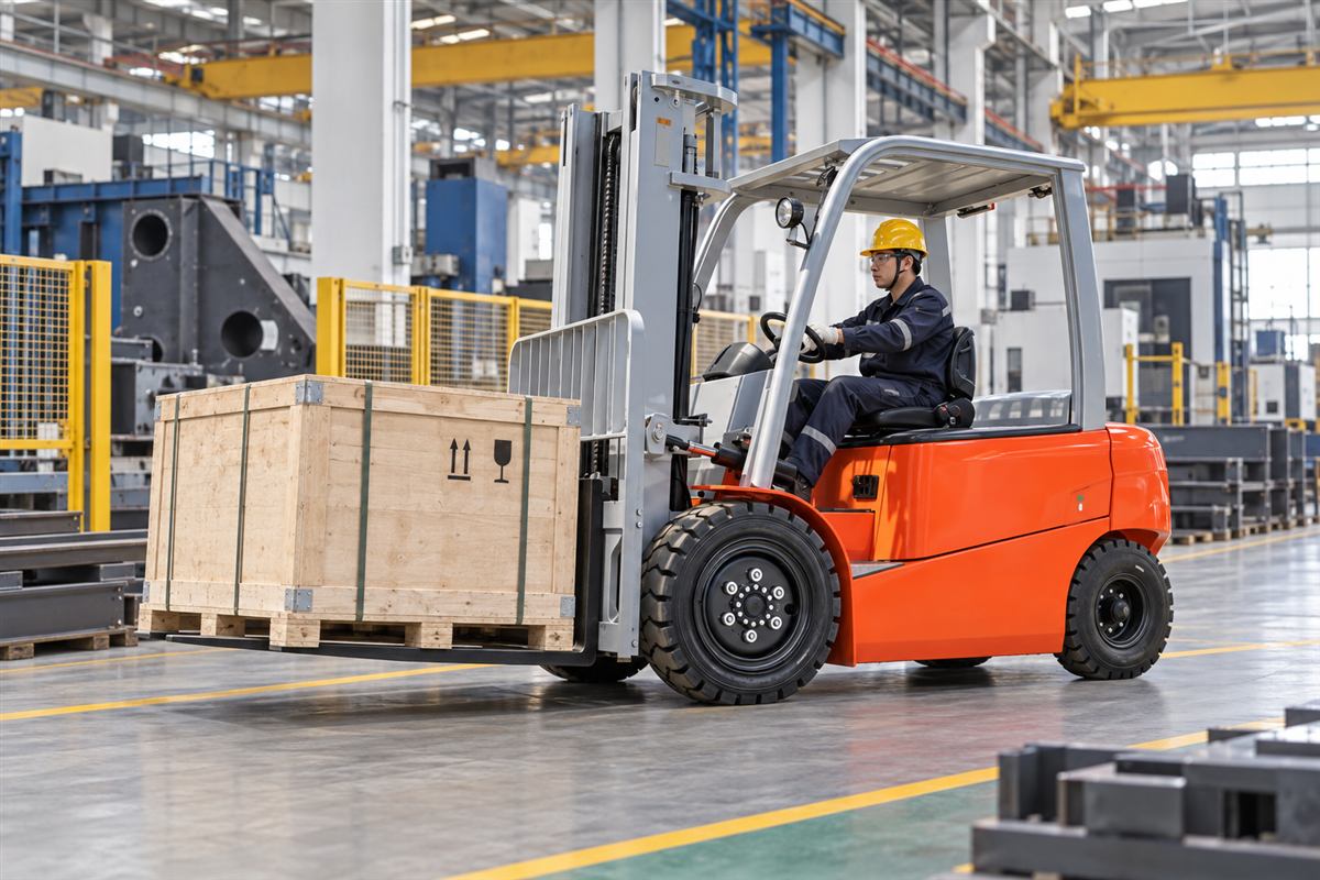 CPD40 electric forklift transporting a machinery export crate