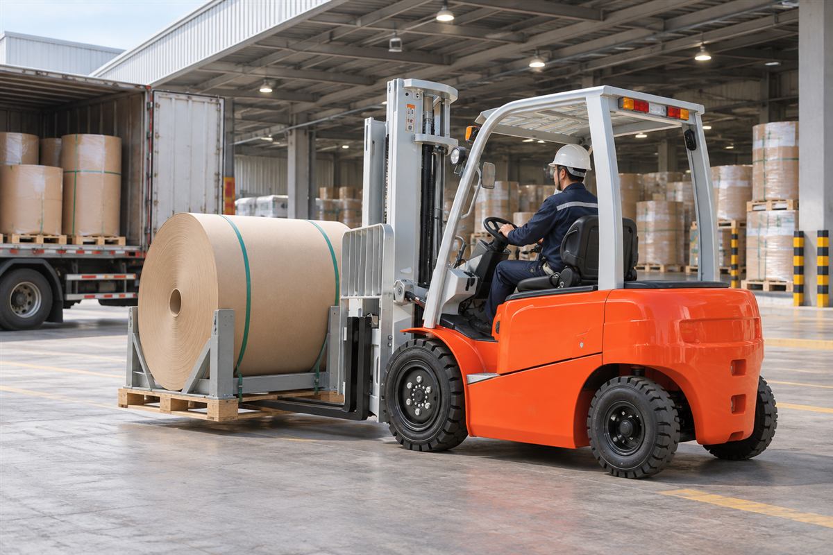 CPD40 lithium forklift moving a secured paper roll
