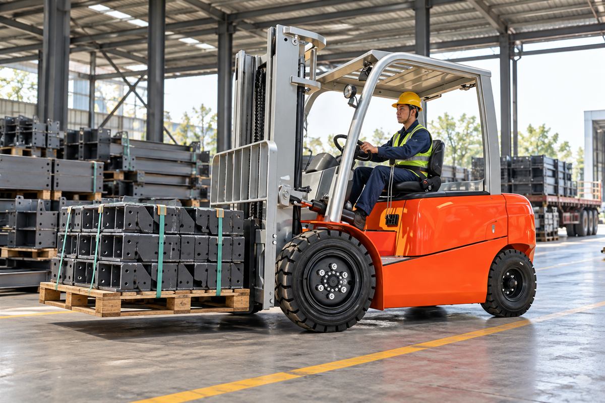 CPD40 lithium forklift moving fabricated steel components
