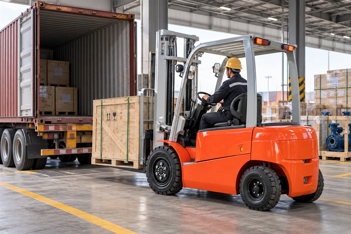 CPD40 lithium forklift preparing an export machinery crate
