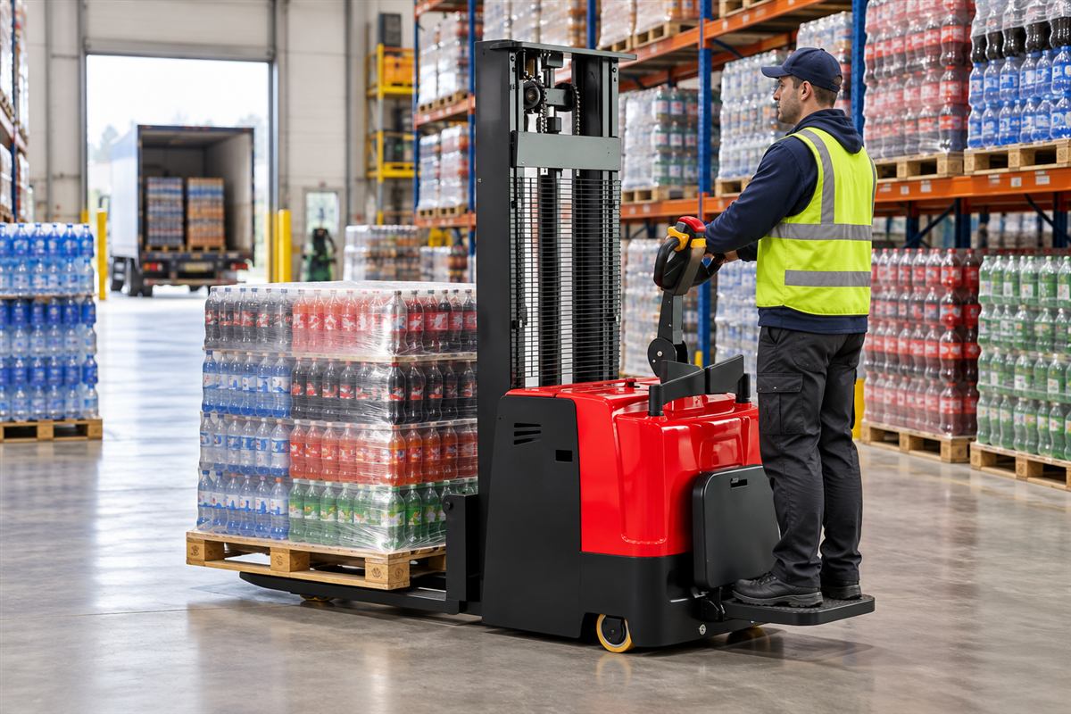 CDDD standing electric stacker handling a pallet in warehouse racks