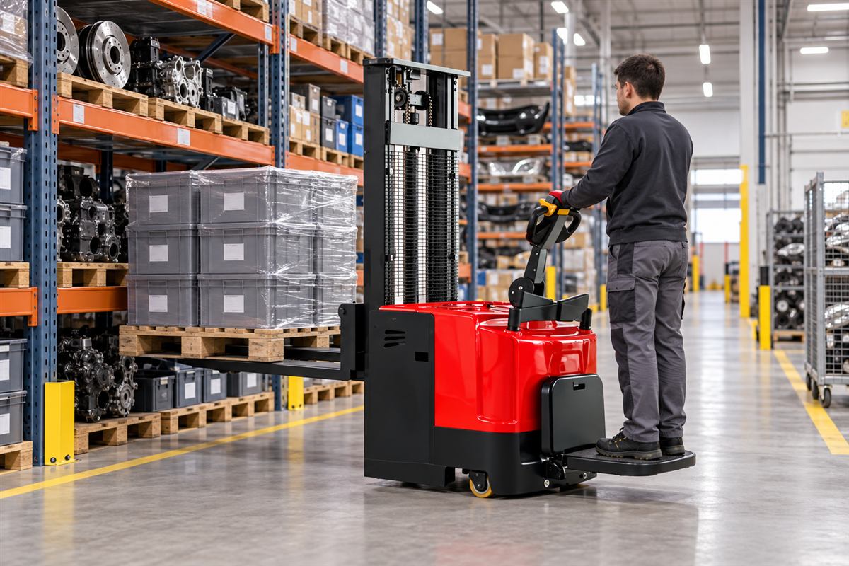 CDDD standing electric stacker supplying a manufacturing line