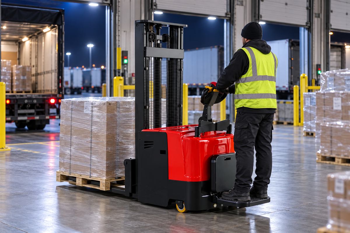 CDDD standing electric stacker moving cartons through a cross-dock