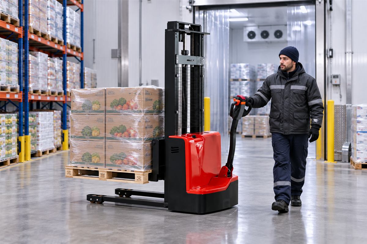 CDDA walkie electric stacker handling a pallet in warehouse racks