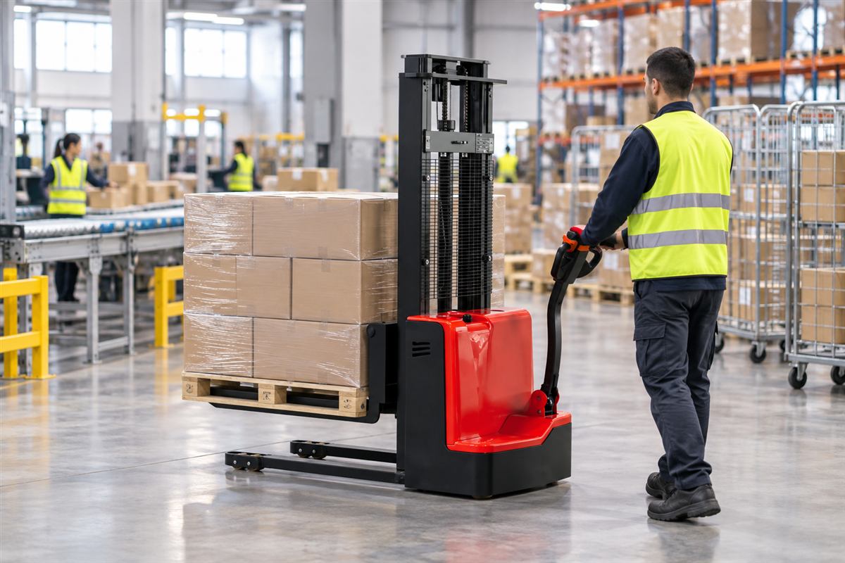 CDDA walkie electric stacker moving cartons through a cross-dock