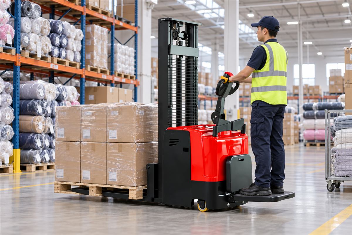CDDD standing electric stacker handling a pallet in warehouse racks