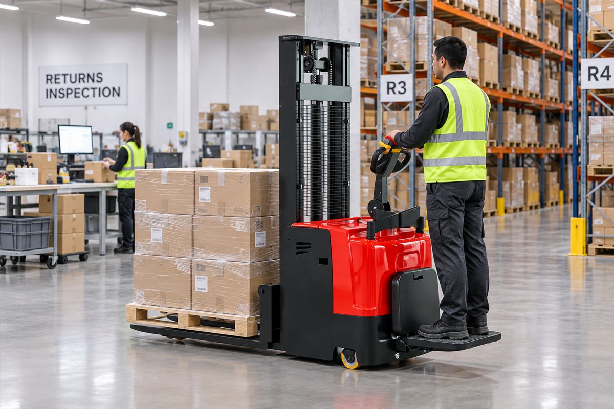 CDDD standing electric stacker supplying a manufacturing line