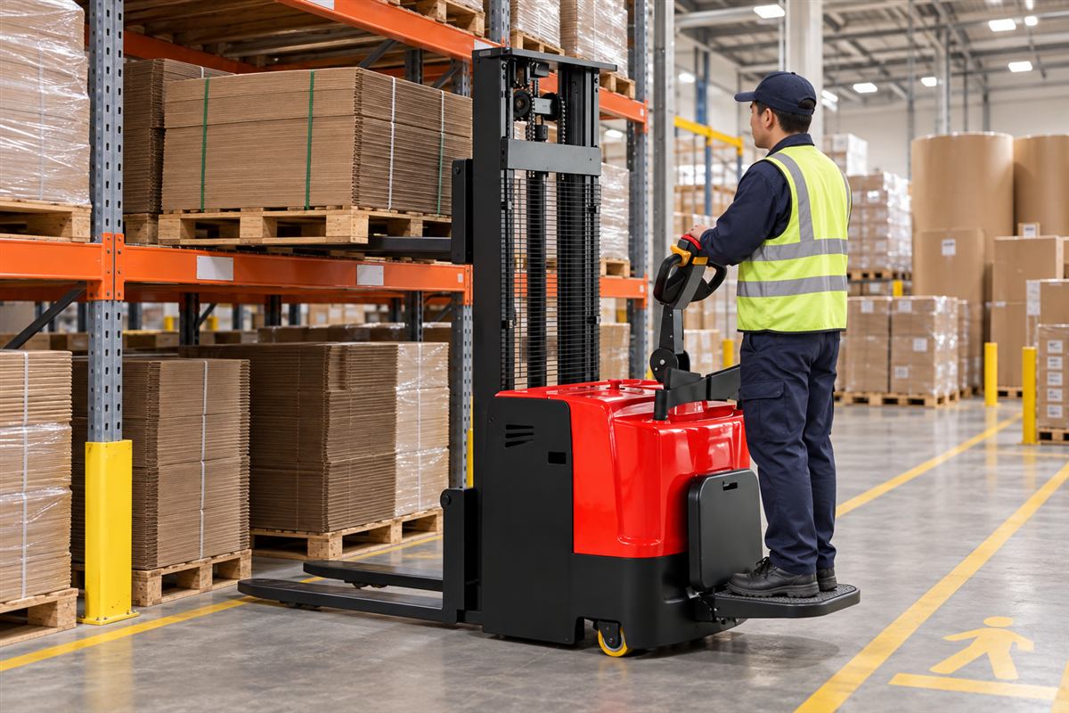 CDDD standing electric stacker moving cartons through a cross-dock