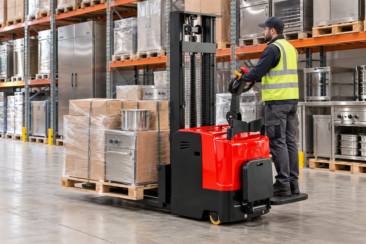 CDDD standing electric stacker handling a pallet in warehouse racks