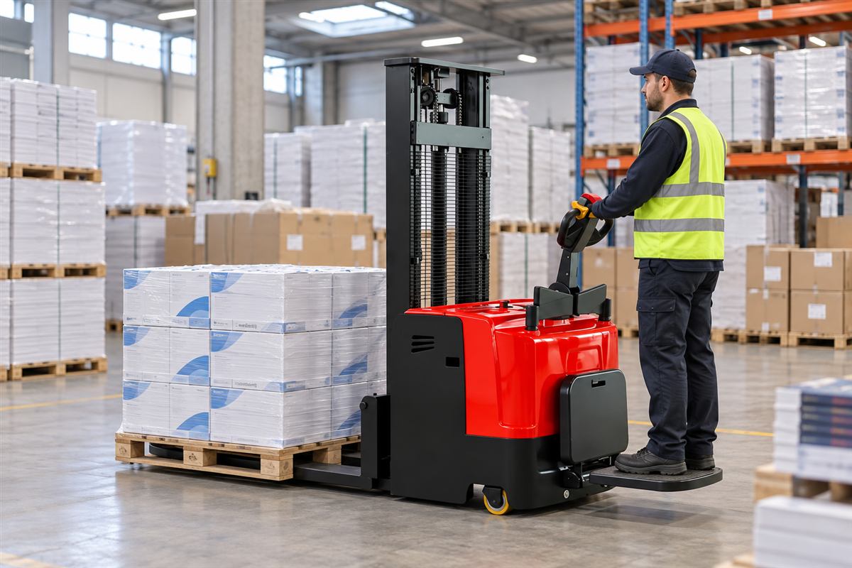CDDD standing electric stacker supplying a manufacturing line
