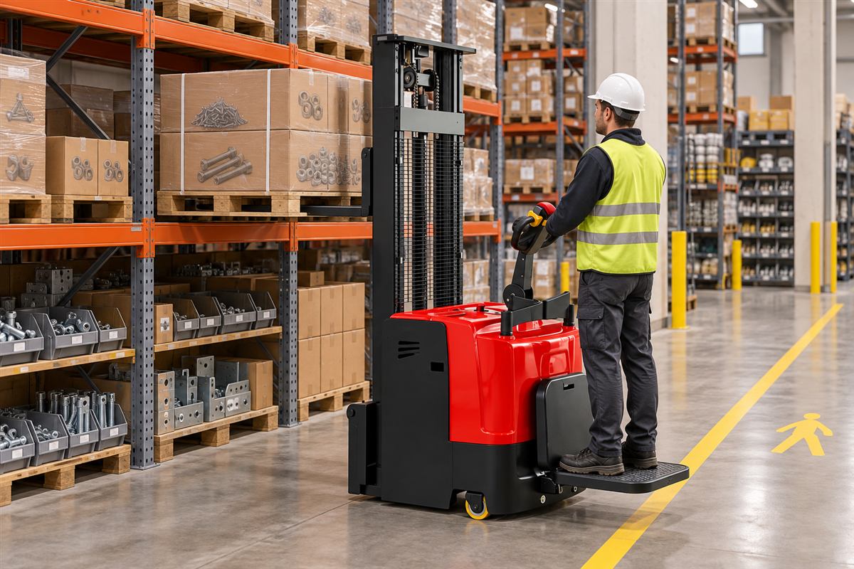 CDDD standing electric stacker moving cartons through a cross-dock
