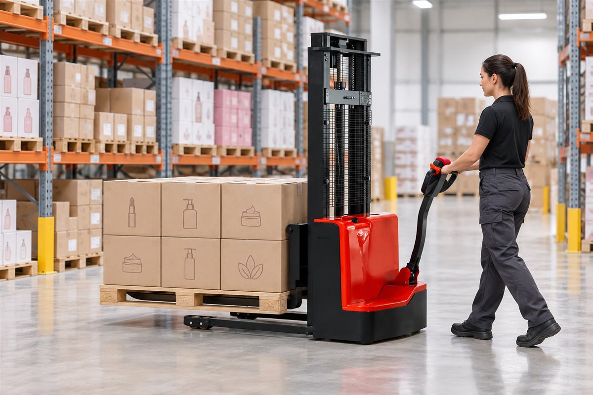 CDDA walkie electric stacker handling a pallet in warehouse racks
