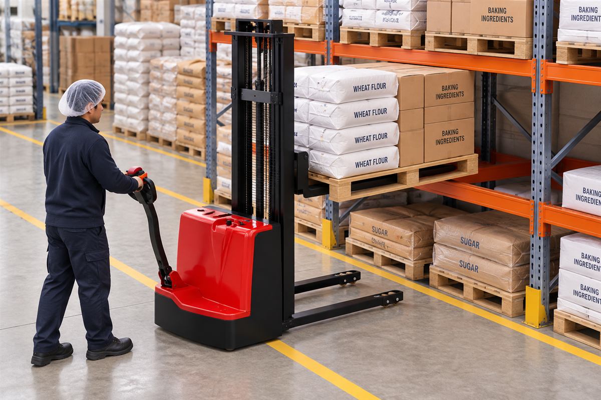 CDDA walkie electric stacker moving cartons through a cross-dock