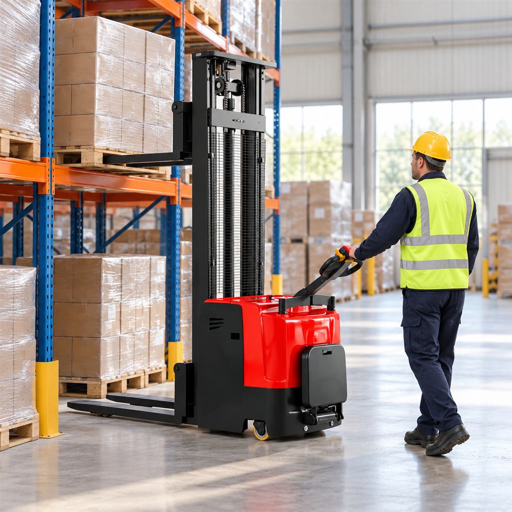 MYCDD-D standing electric stacker — Illustrative warehouse storage scene